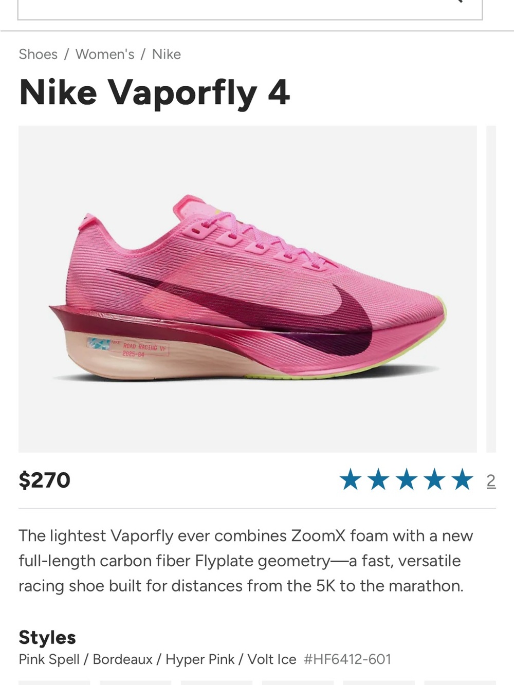 Nike Women's Vaporfly 4 Racing Shoe - Hyper Pink with Bordeaux Swoosh